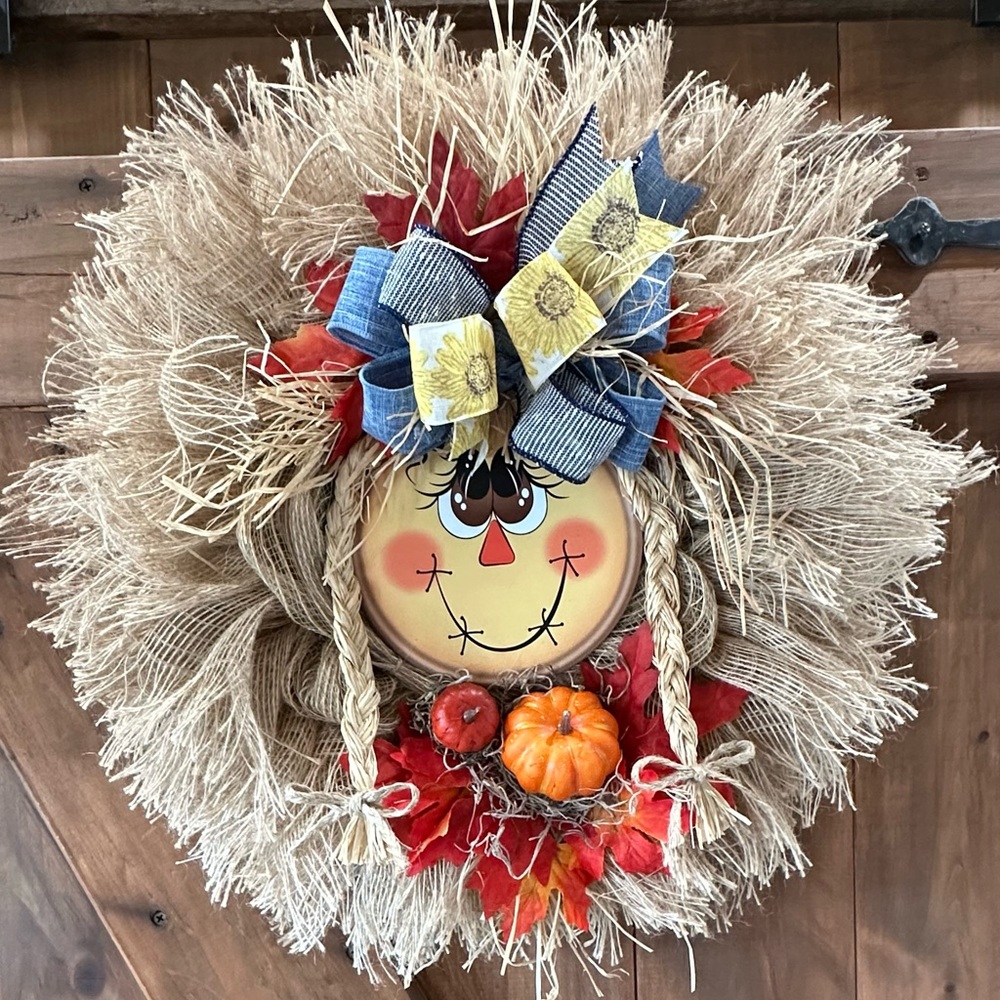 Autumn Scarecrow Wreath with Bow